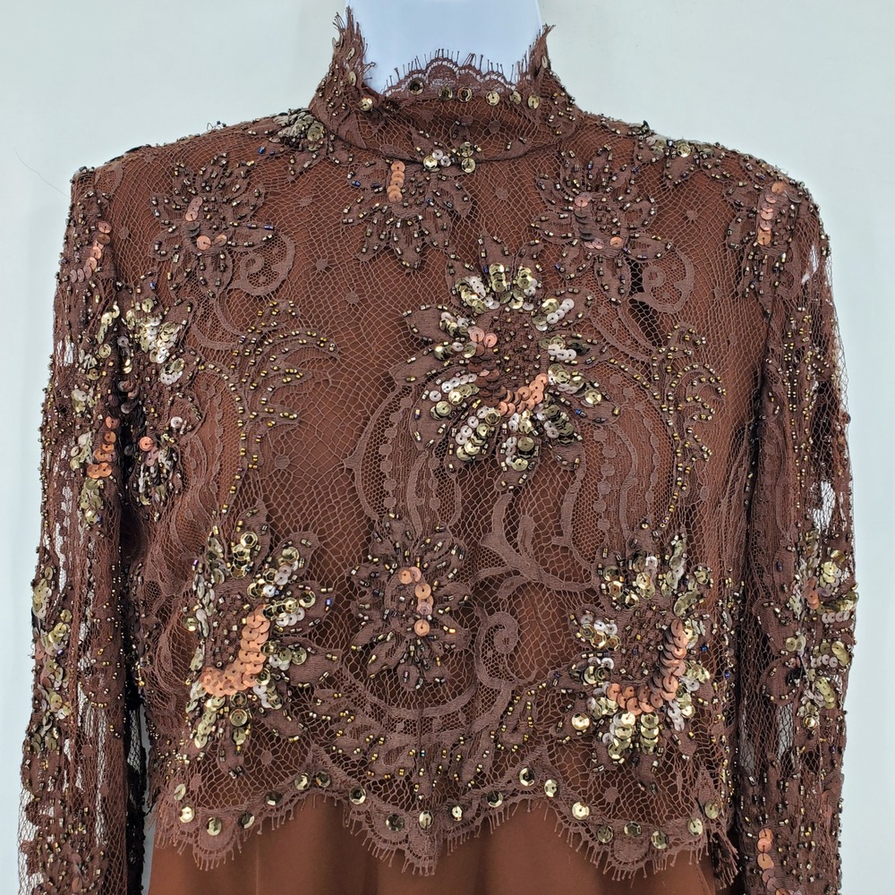 Jour Et Nuit Jackie Bernard Brown Beaded Lace Georgette Mock Neck Dress 4 Formal - Picture 7 of 10